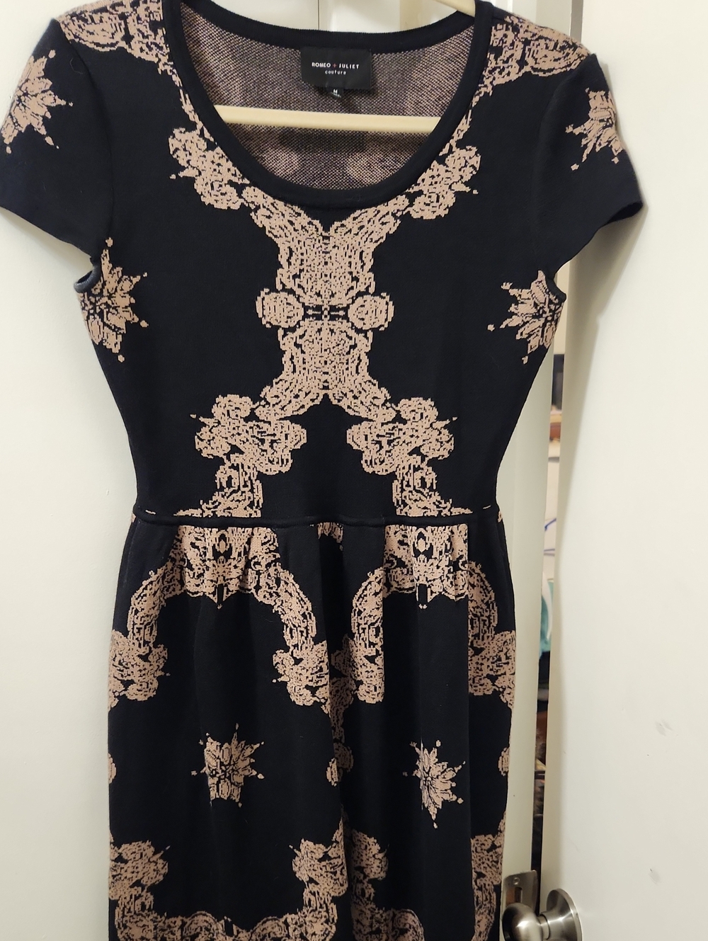 Romeo & Juliet Couture Black Sweater Dress with Beige Lace-Style Print
